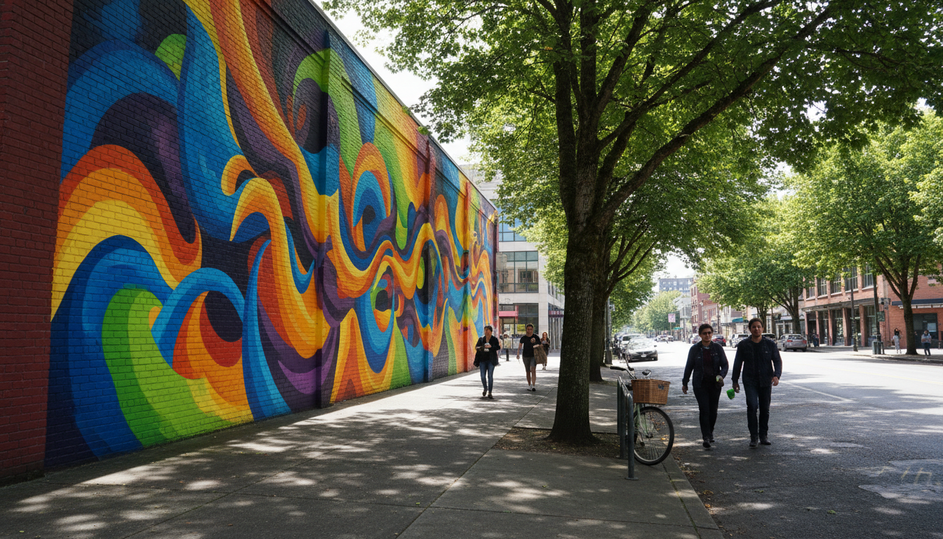 Colorful street art mural in Portland Arts district