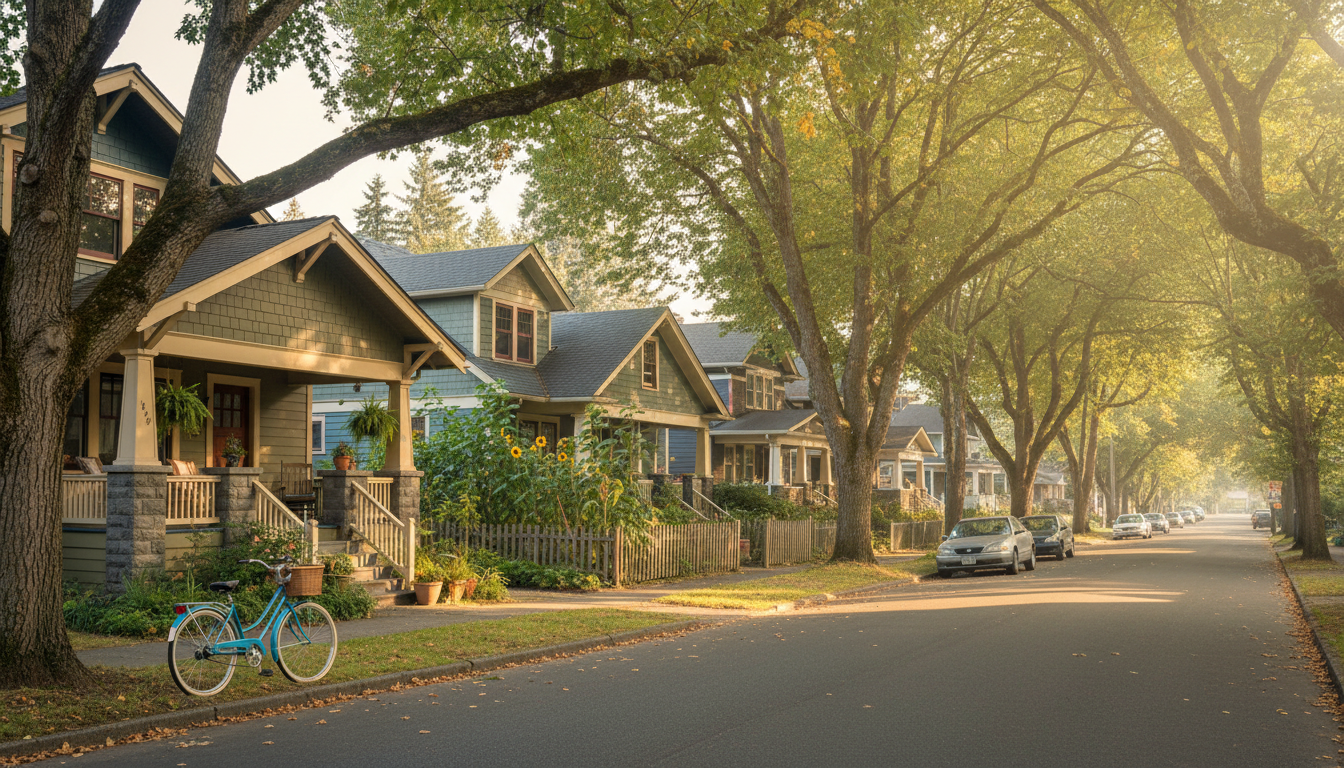 Classic Portland craftsman bungalows on a tree-lined street in the Buckman neighborhood