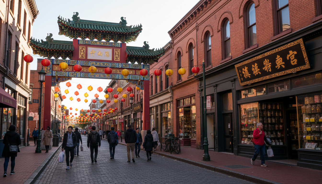 Historic Chinatown street with lanterns and brick buildings