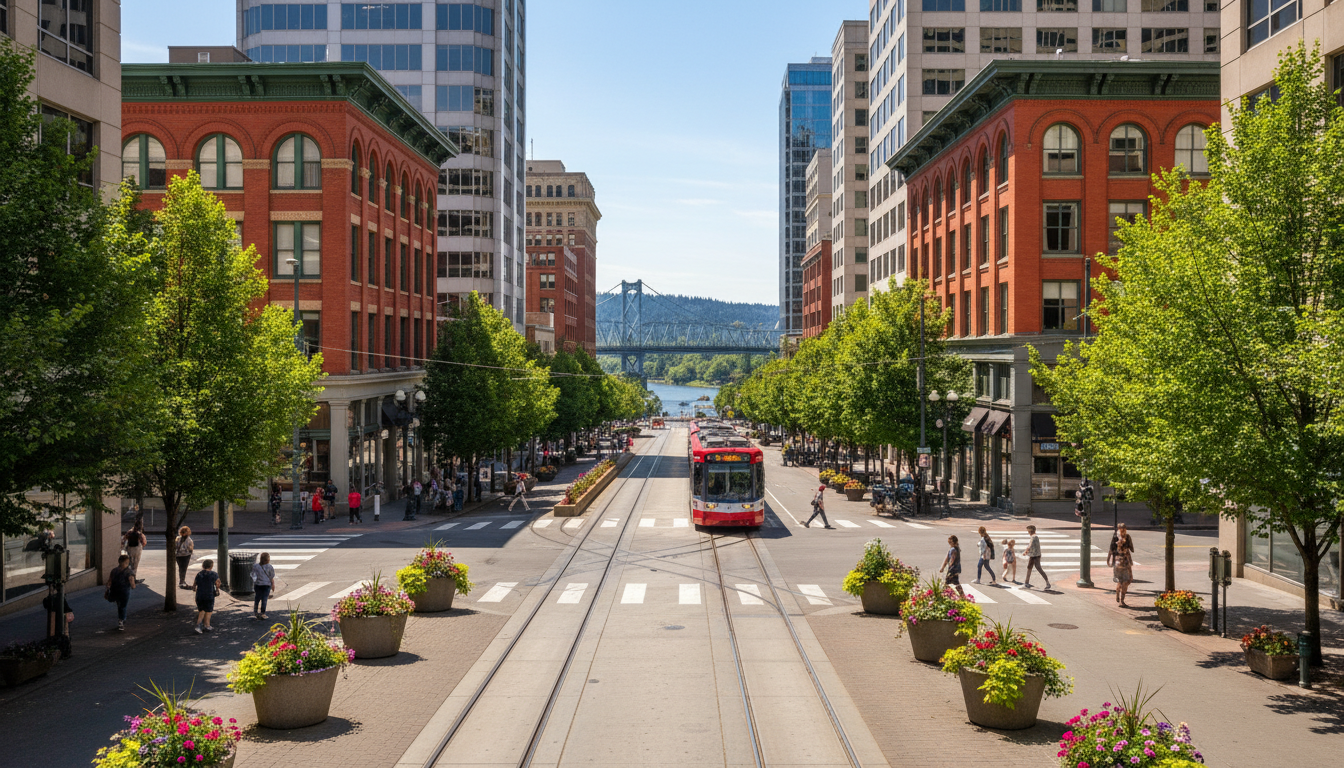 Downtown Portland street with MAX train and river view