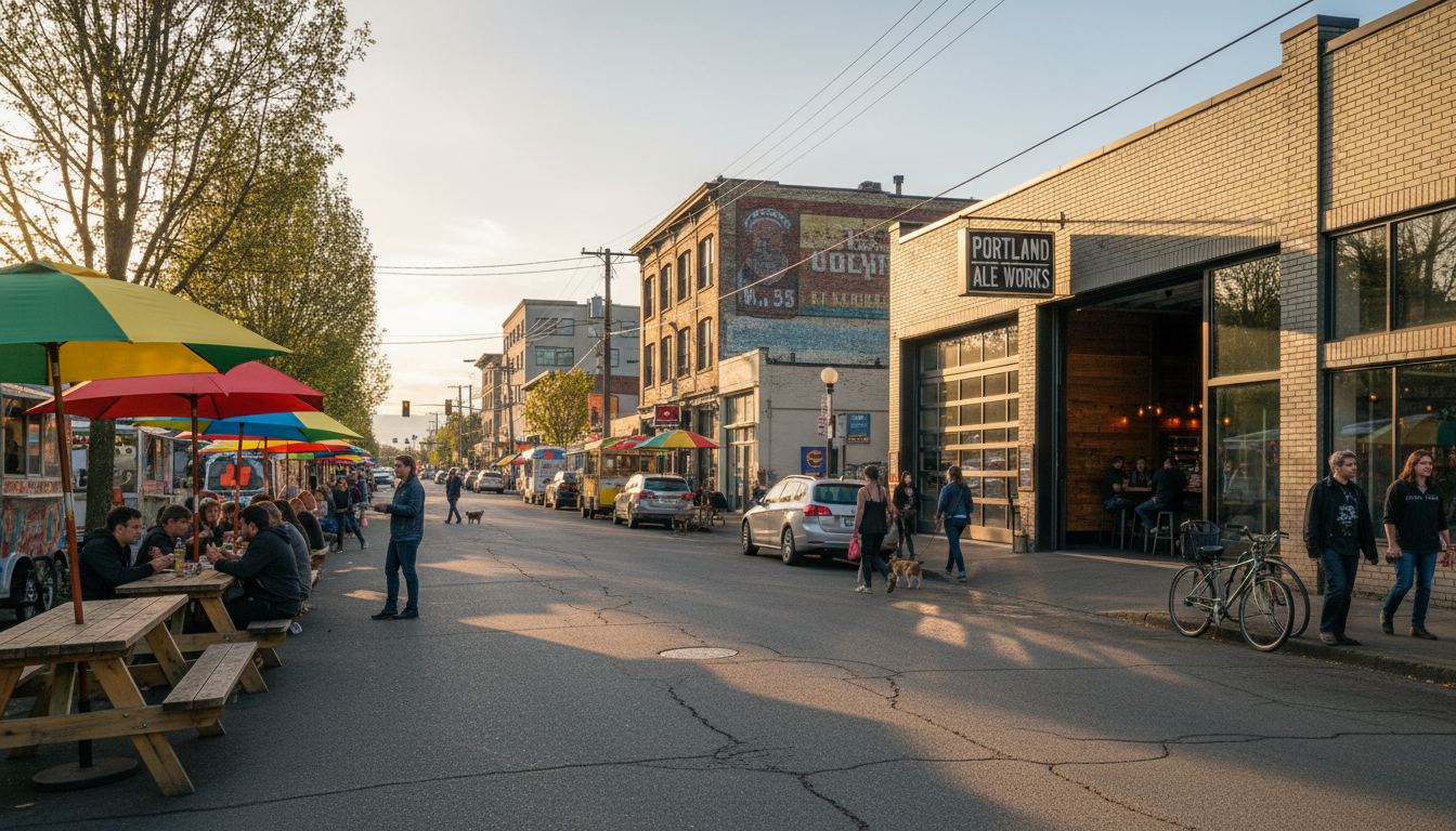 Food cart pods and craft breweries along Foster Road in the Foster-Powell neighborhood