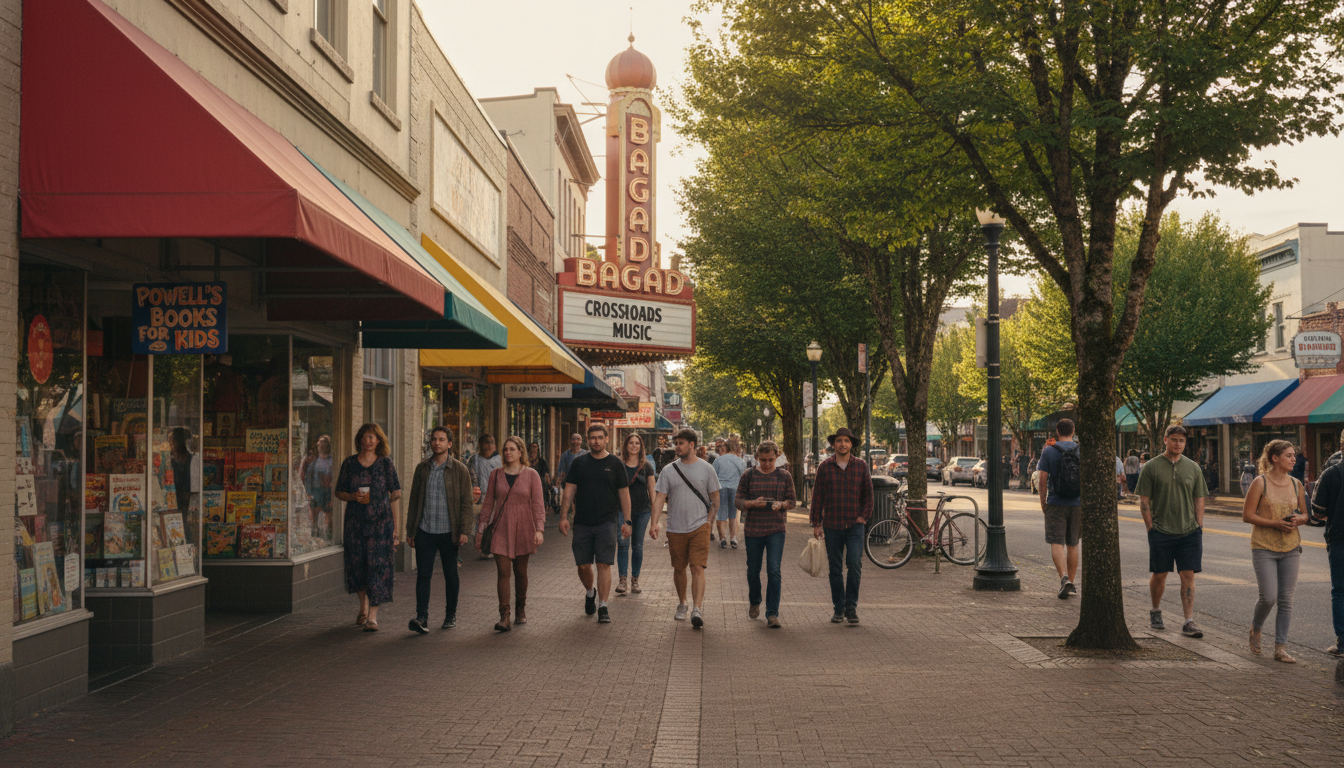 Vintage storefronts and indie shops along SE Hawthorne Boulevard in Portland, Oregon