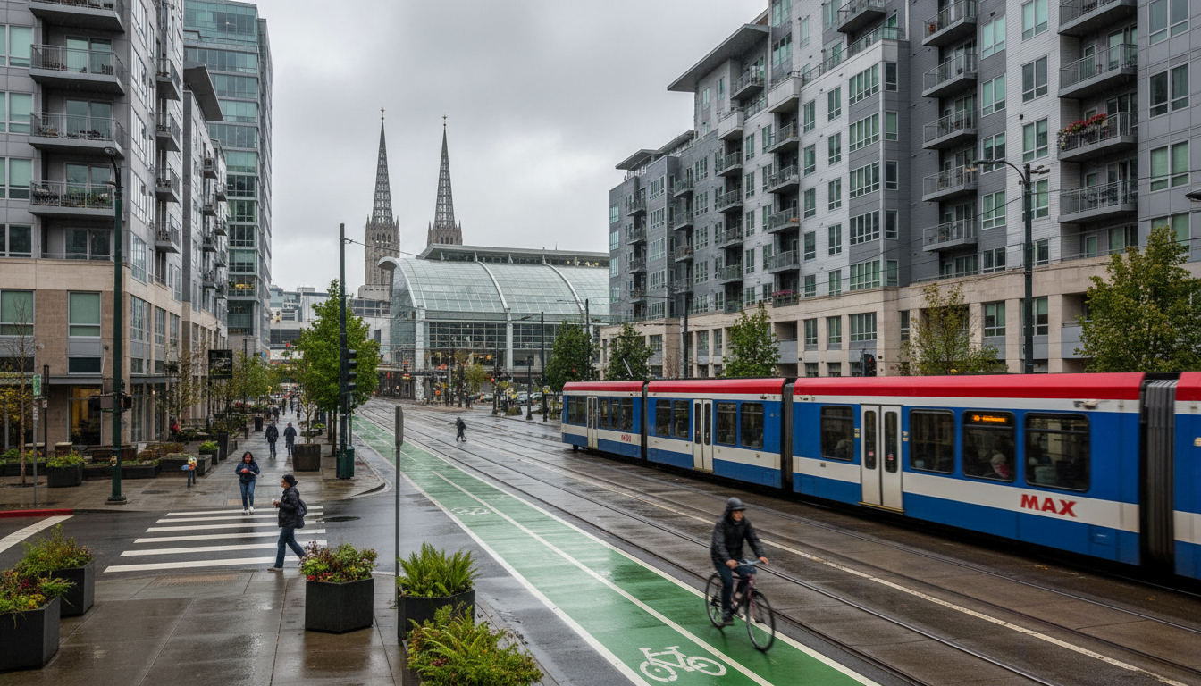 Modern office towers, convention center and light rail in Portland's Lloyd District