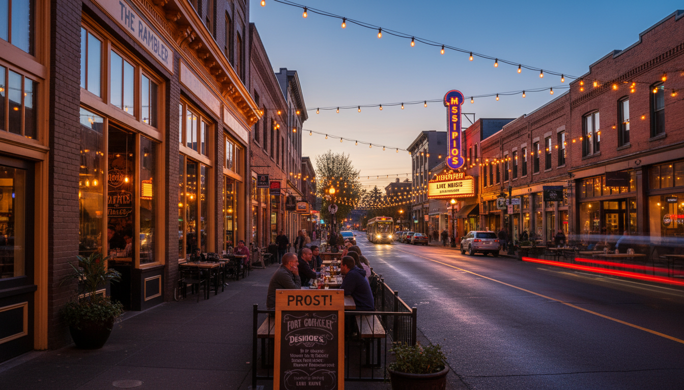 Mississippi Avenue evening scene with restaurants, bars and string lights in North Portland