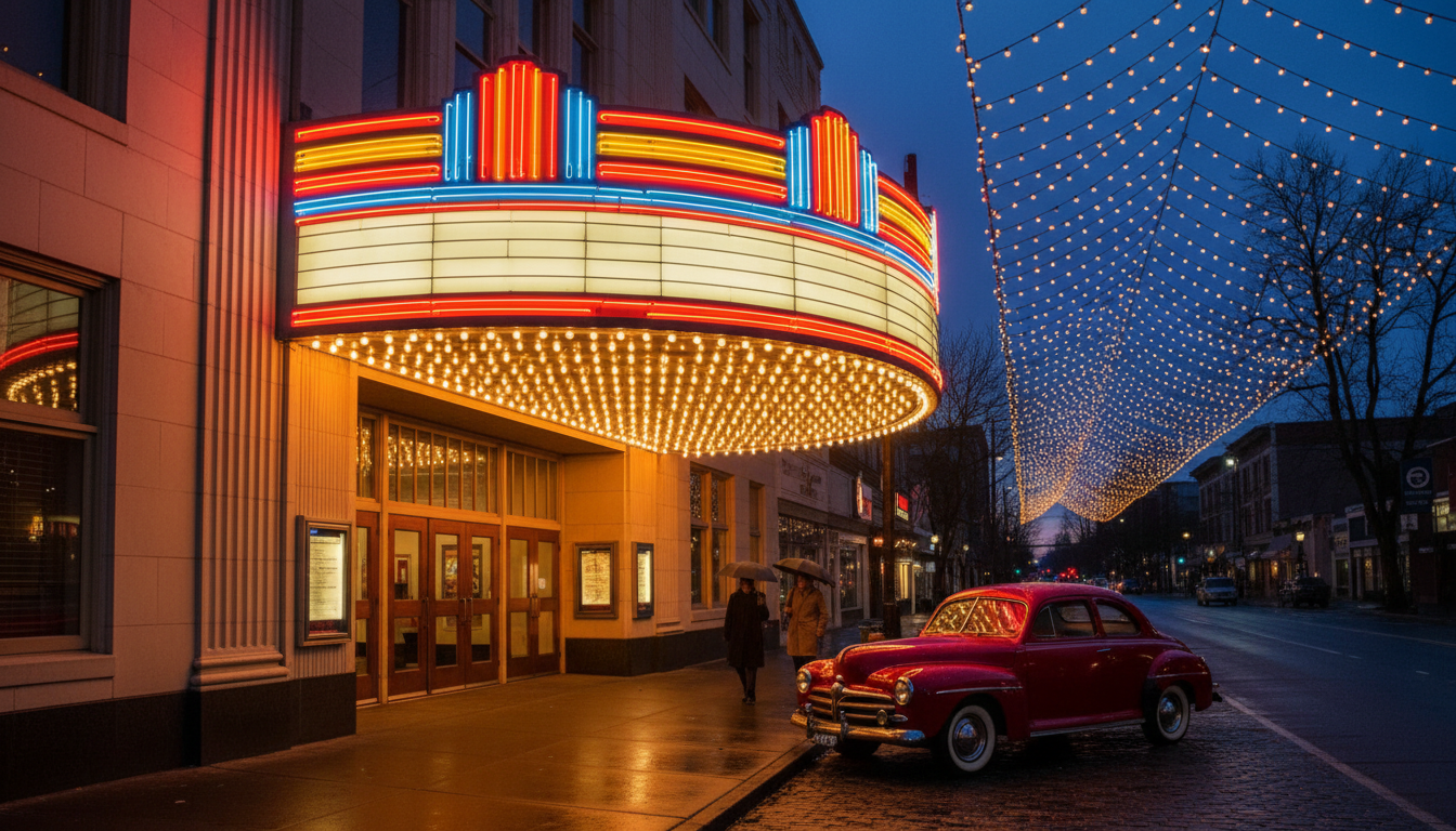 Vintage movie theater marquee at dusk in Hollywood District