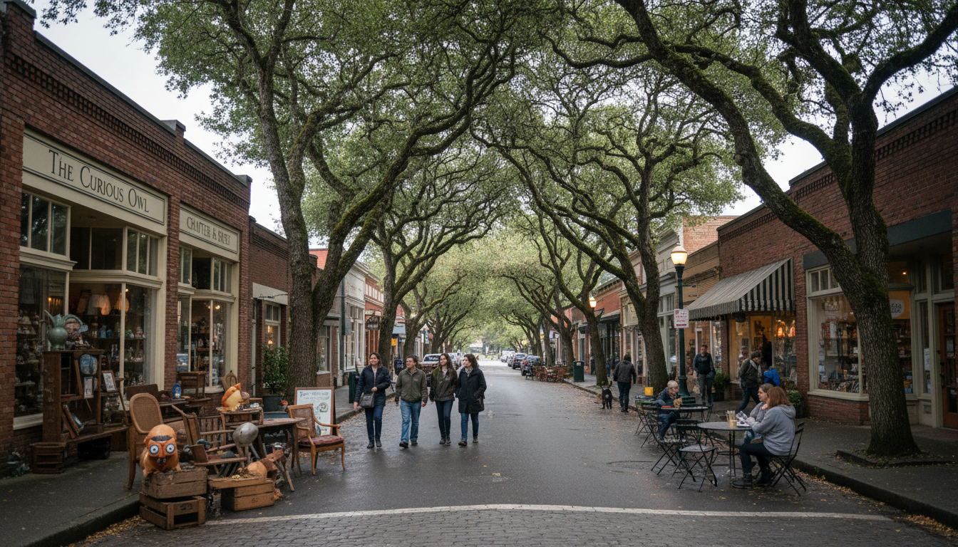 Small-town main street charm in Multnomah Village with antique shops and cafes