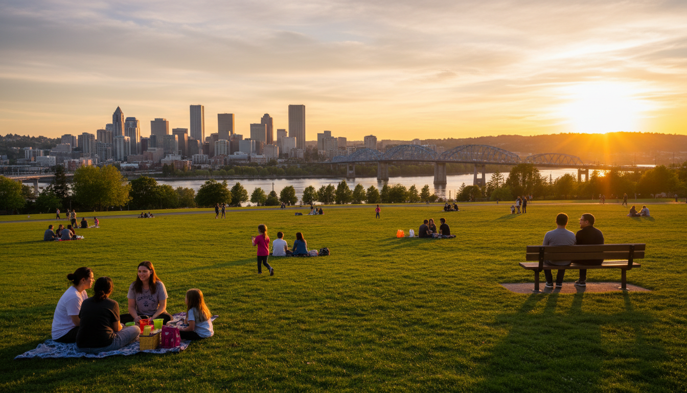 Overlook Park with sweeping views of the downtown Portland skyline across the Willamette River