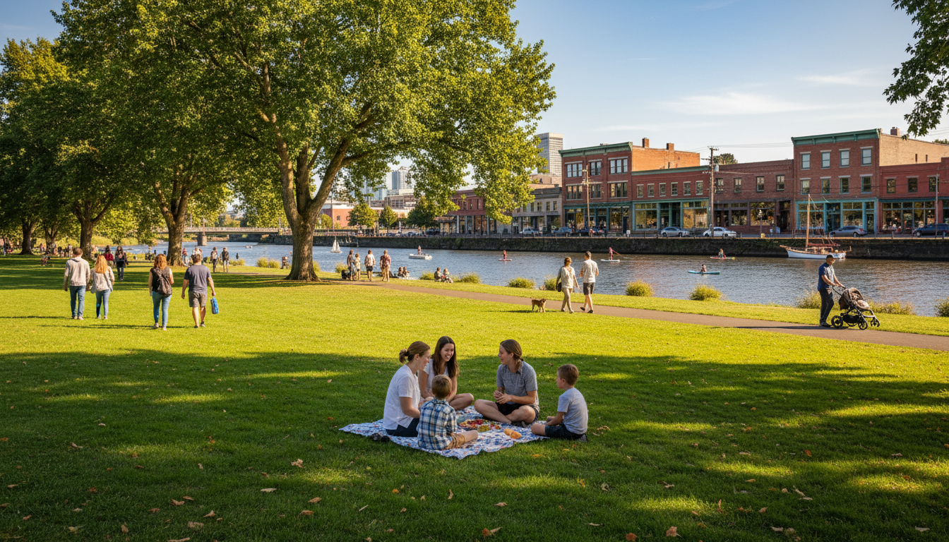 Willamette riverfront park and antique shops in Sellwood