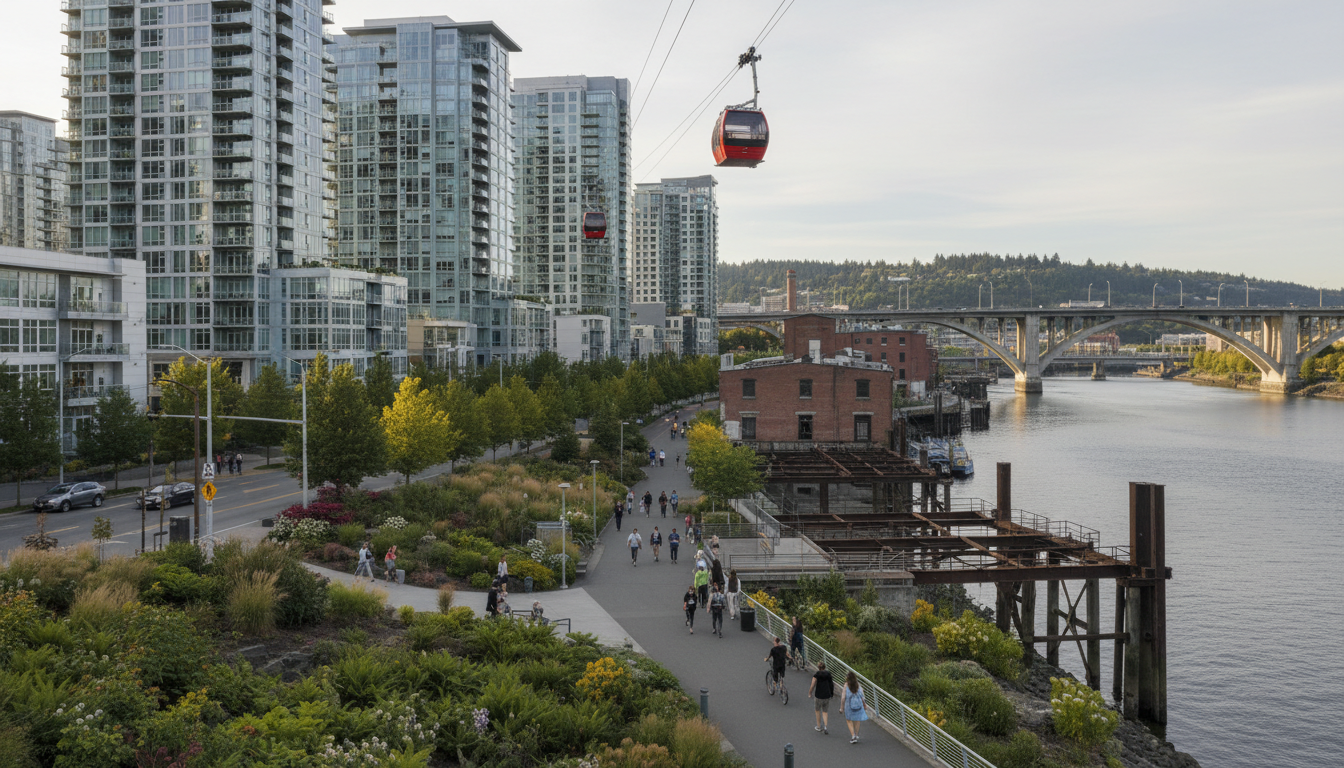 South Waterfront modern towers and the Portland Aerial Tram along the Willamette River