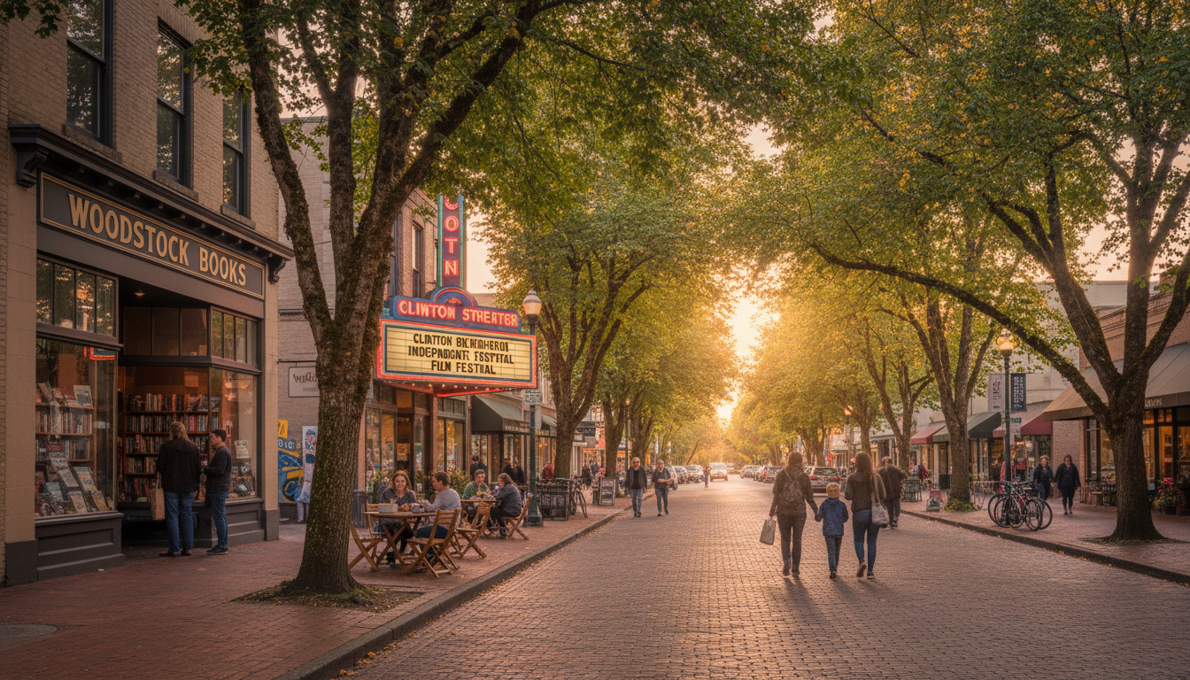Charming walkable main street of Woodstock with local shops and cafes in Southeast Portland